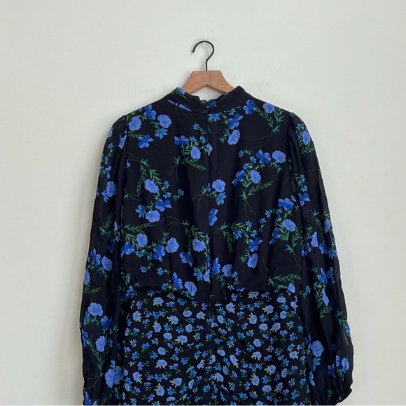 New Shoshanna Kiana Floral Dress Ruched Skirt Mock Neck Long Sleeve Mini 12 Blue - Picture 15 of 16